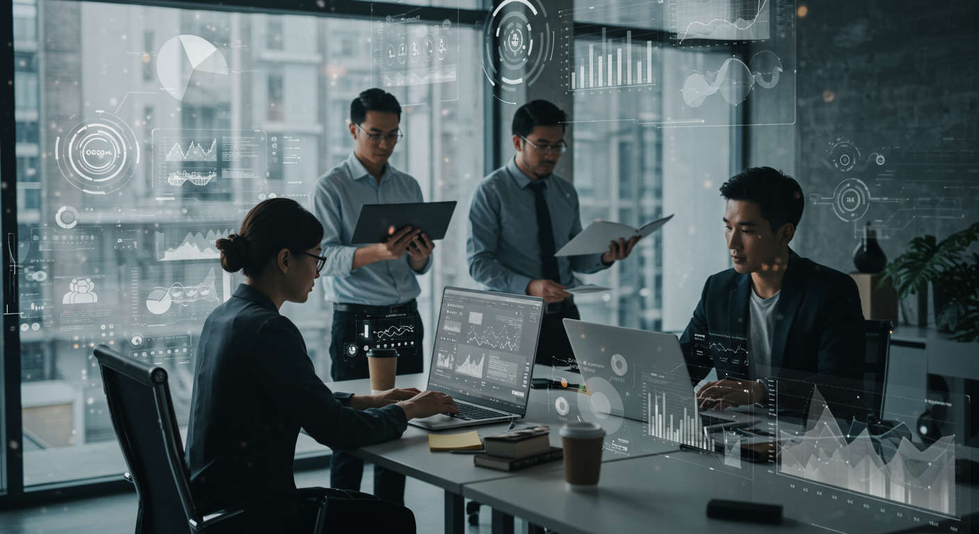 Diverse professionals collaborating over technology and data analytics screens in a modern office, symbolising technology due diligence in mergers and acquisitions