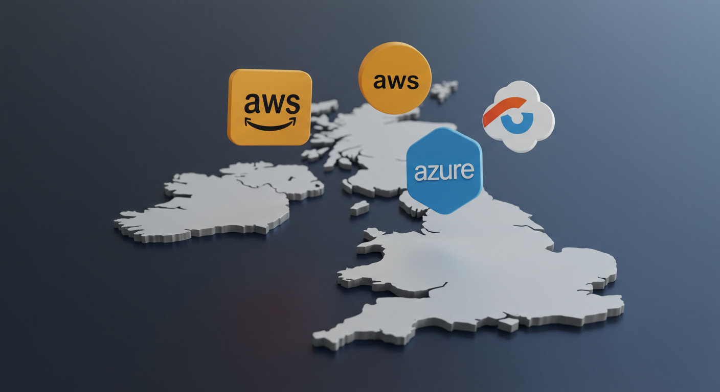 Digital illustration of cloud computing with AWS, Azure, and Google Cloud logos over a UK map symbolising technology and cost management for startups