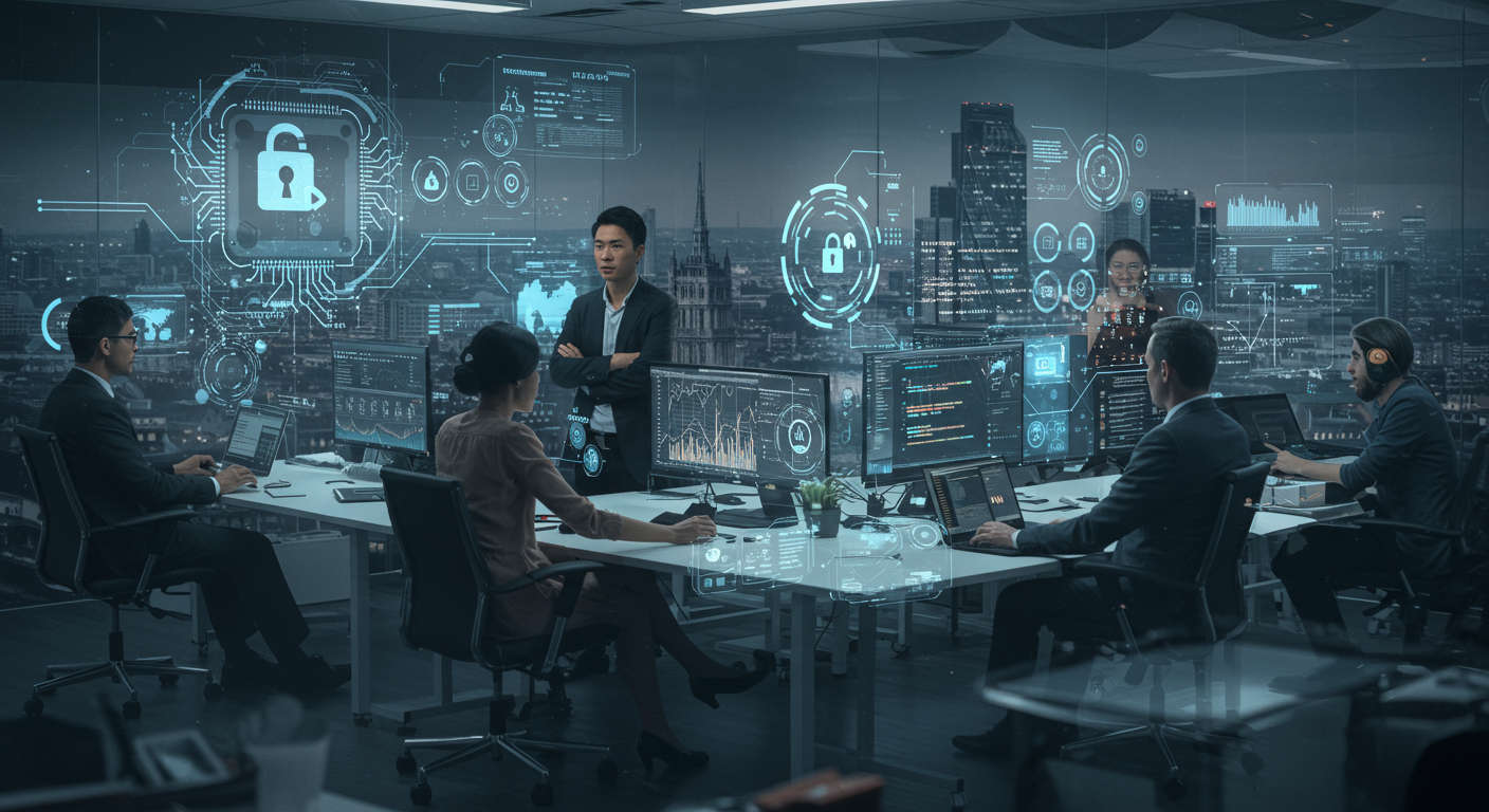 Diverse tech leaders collaborating in a modern office with digital AI visualisations and a UK cityscape symbolising AI innovation and regulation readiness