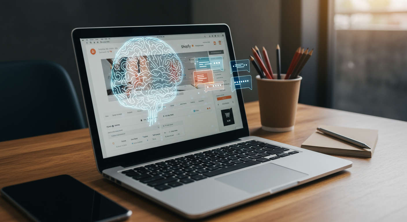 Modern e-commerce workspace with laptop displaying Shopify dashboard and AI elements representing automated review responses