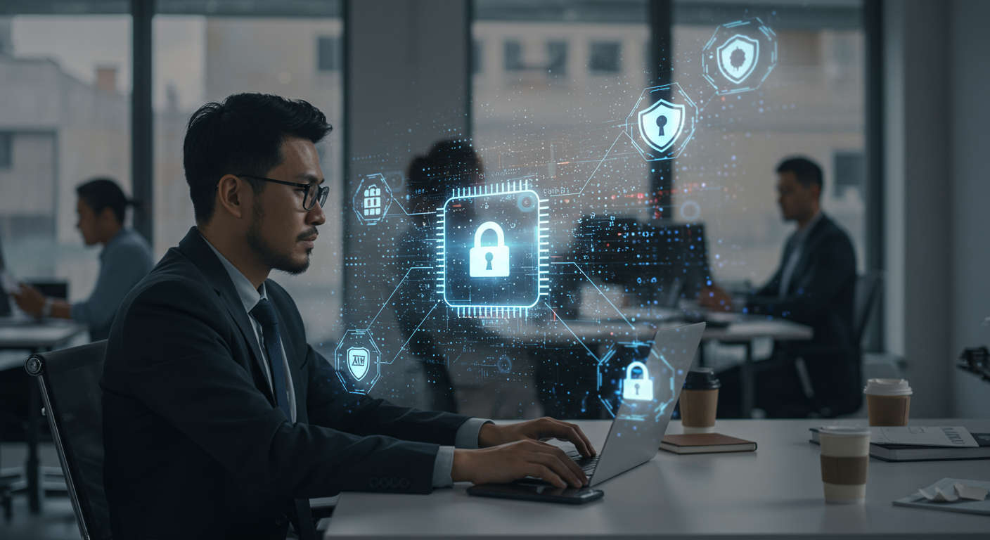 A modern office setting with a fractional CTO working on AI cybersecurity integration, featuring futuristic AI elements like digital data streams and cyber defence icons, diverse professionals collaborating in the background, emphasising technology and innovation in cybersecurity management