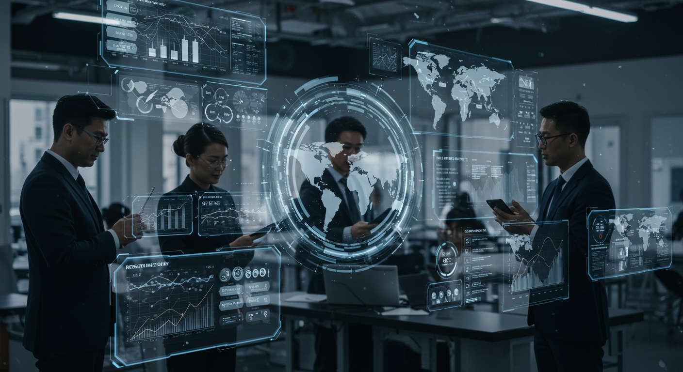Professional fintech team collaborating with futuristic digital interfaces symbolising innovation and compliance in UK financial technology sector