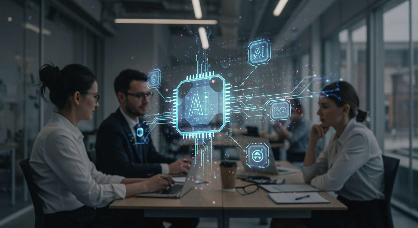 Modern UK city tech hub with digital AI elements overlay, diverse professionals collaborating, and AI symbols representing innovation and automation in a corporate environment