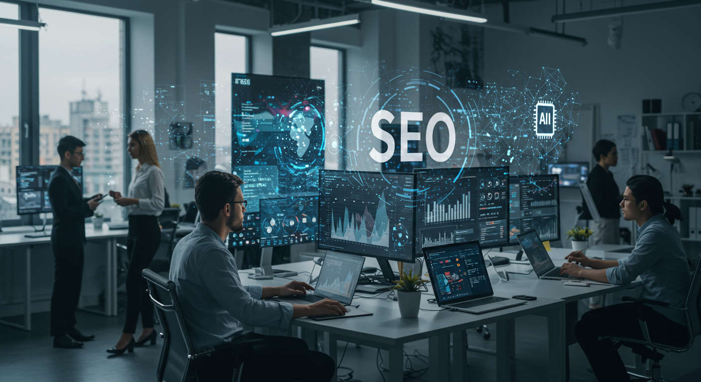 A futuristic office with diverse professionals analysing AI-driven SEO data on digital screens, representing AI SEO automation and WordPress optimisation for CTOs