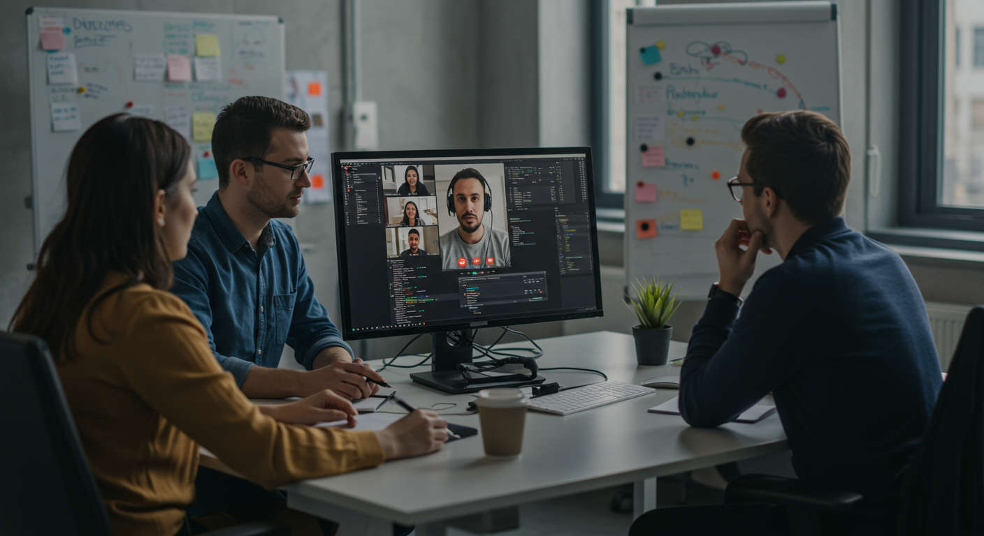 Diverse UK startup team collaborating in modern office with fractional CTO leading integration of outsourced developers via video call