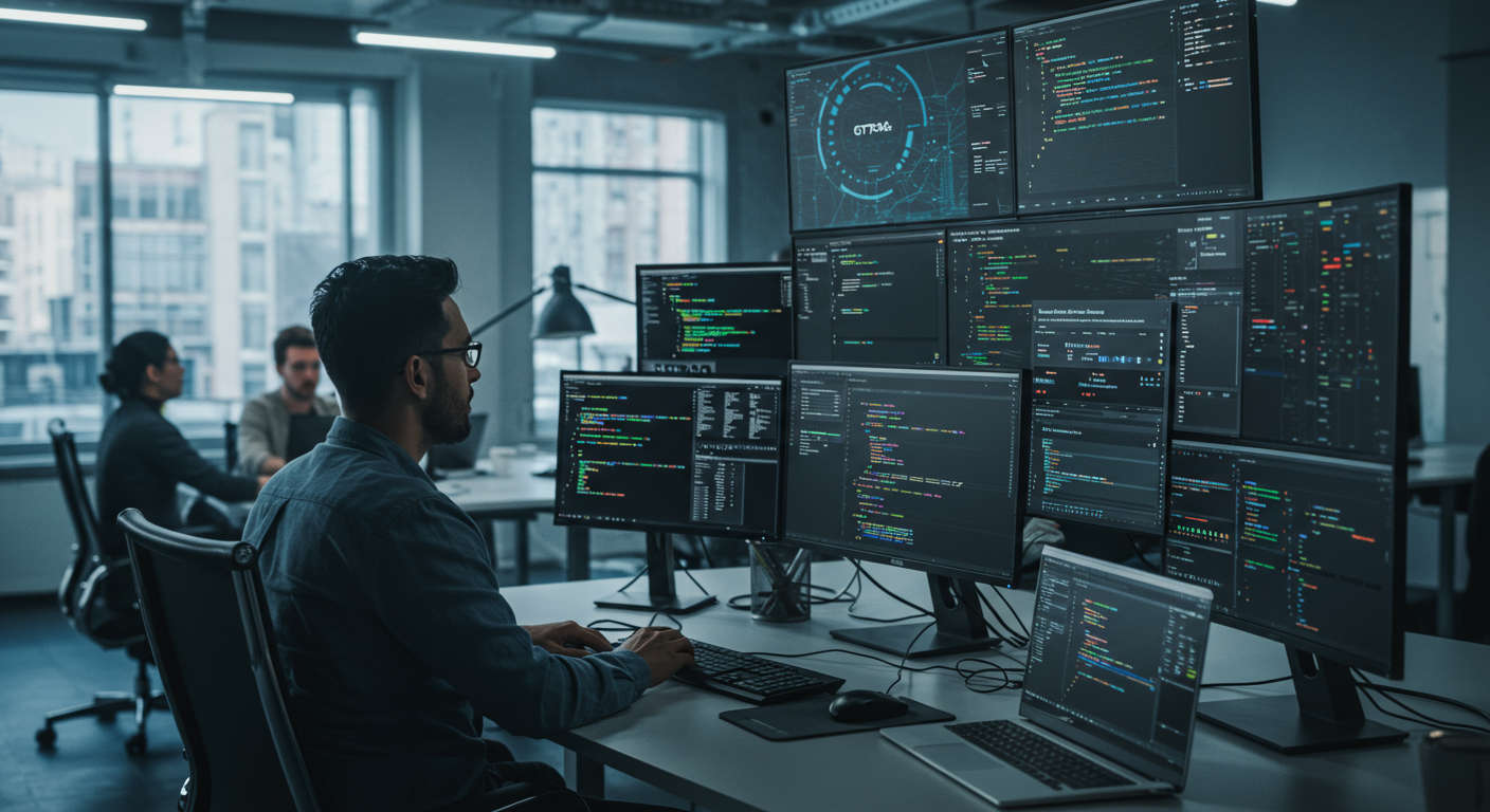 Modern workspace with multiple screens showing code and AI interfaces, symbolising advanced technology and software development for fractional CTOs using AI tools.