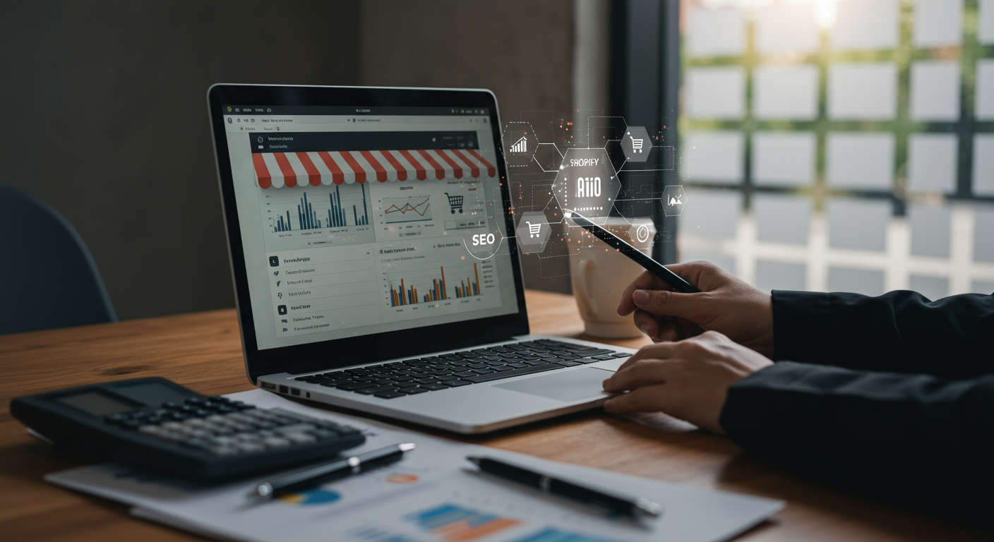 A modern e-commerce workspace featuring a laptop with Shopify dashboard, AI technology icons, and a fractional CTO analysing data, representing AI-driven SEO automation and Shopify growth strategies
