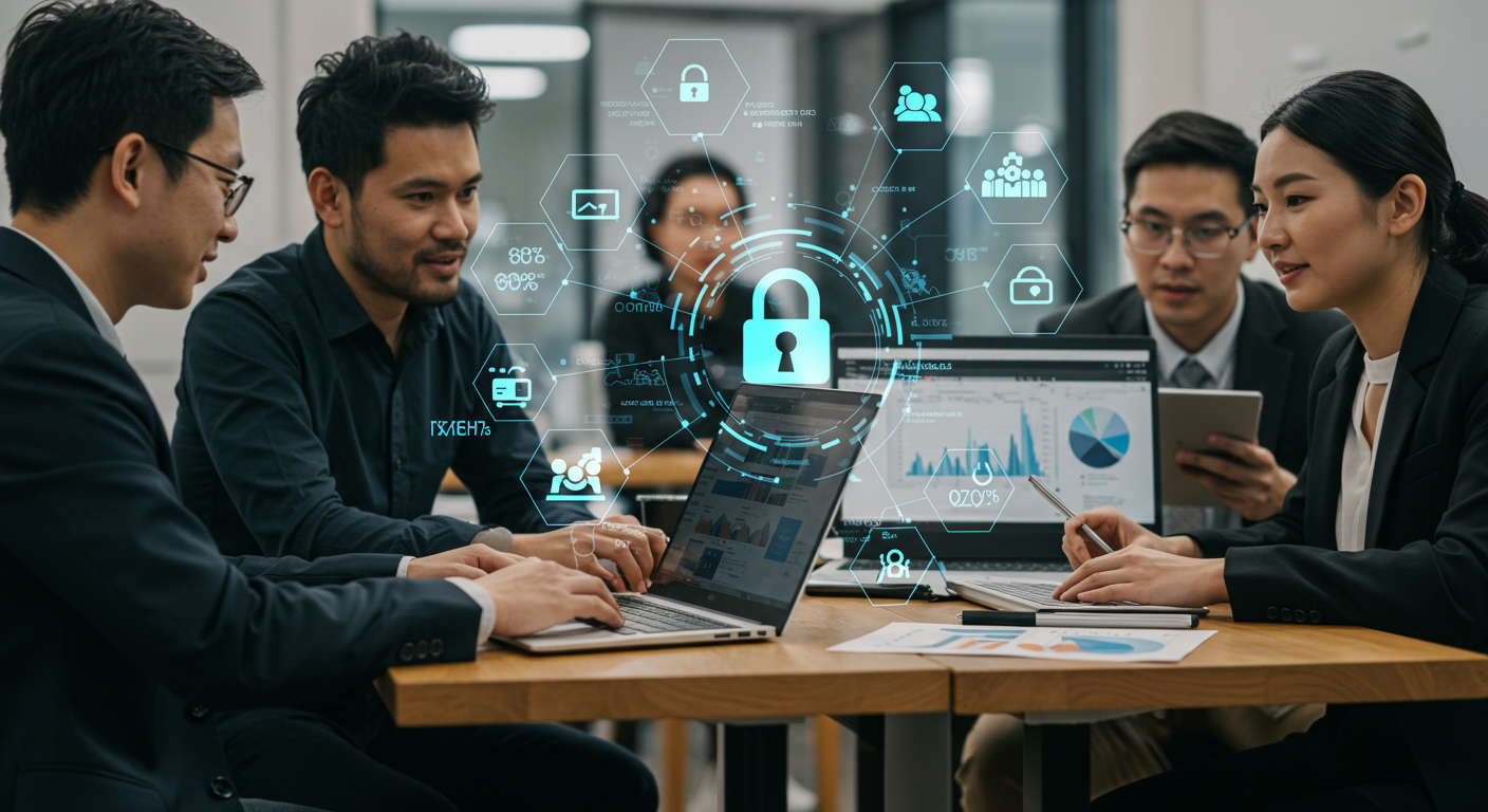 A diverse team collaborating on cybersecurity strategies with digital security icons and UK business environment elements in a professional setting