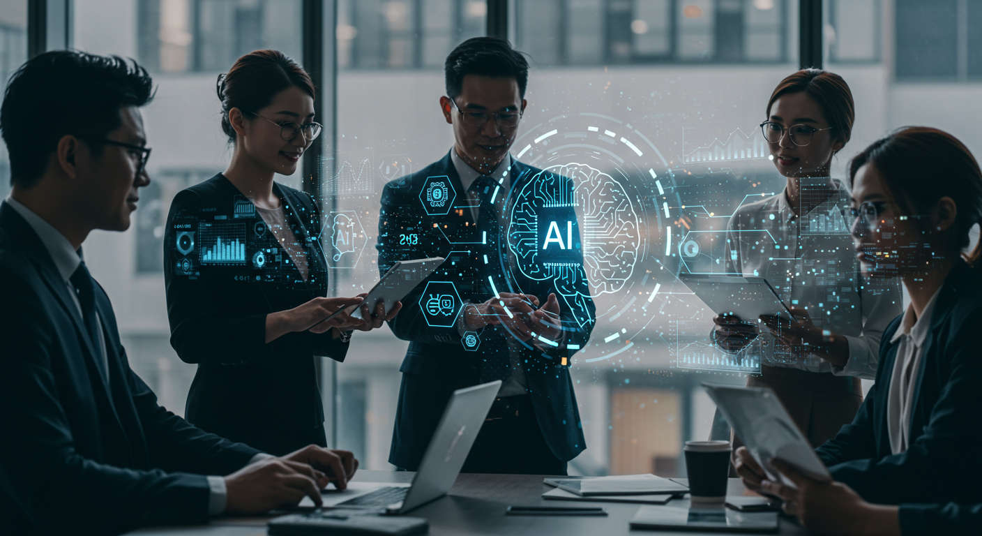 Diverse team collaborating with futuristic AI technology elements in a professional business setting symbolising AI leadership and innovation