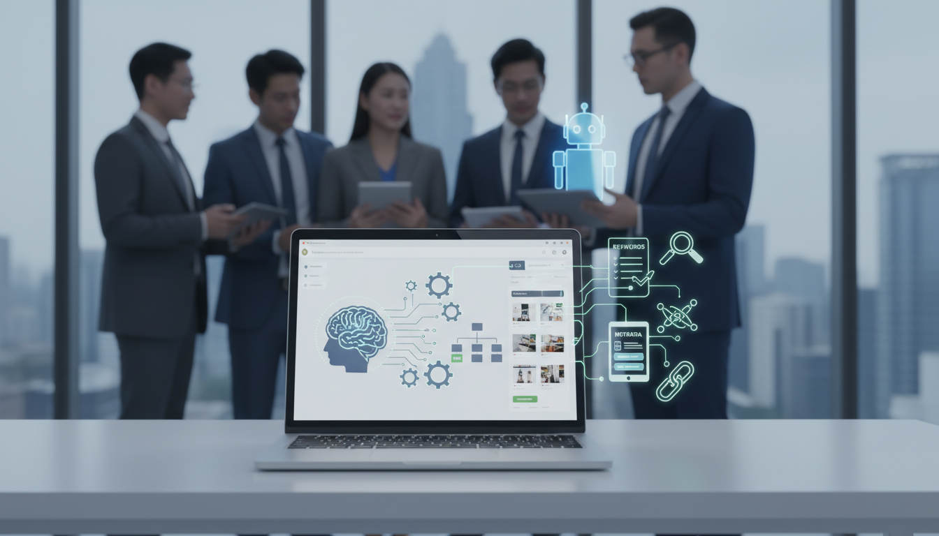 A modern digital workspace with a laptop showing a Shopify store interface and AI elements symbolising automation and SEO optimisation, surrounded by icons for keywords, metadata, and internal linking, with diverse business people collaborating in the background.