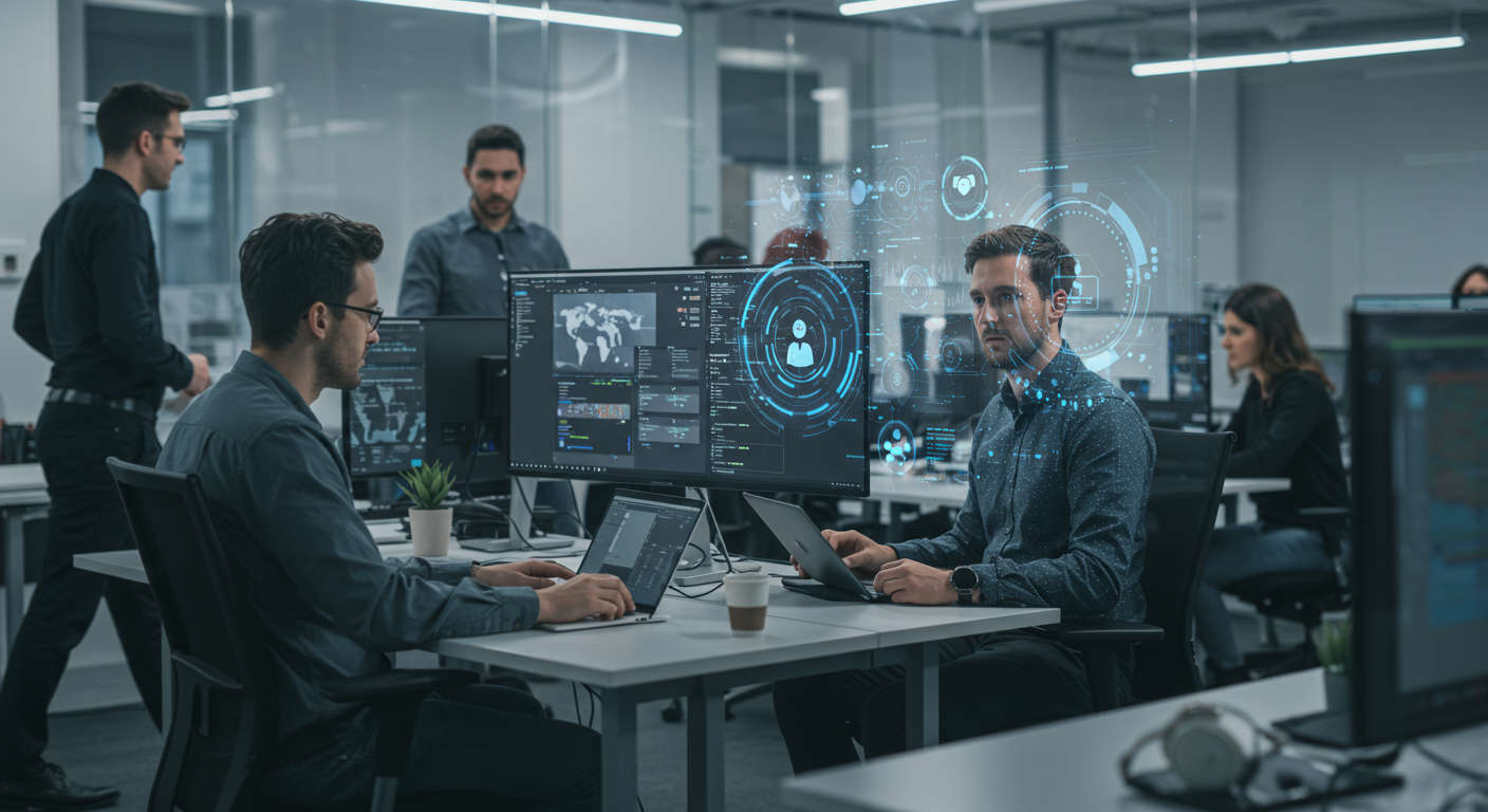 A professional UK healthtech startup office environment showing a diverse team of tech professionals collaborating with a fractional CTO, modern technology devices, AI recruitment tools on screens, and a futuristic digital interface symbolising innovation and strategic recruitment integration