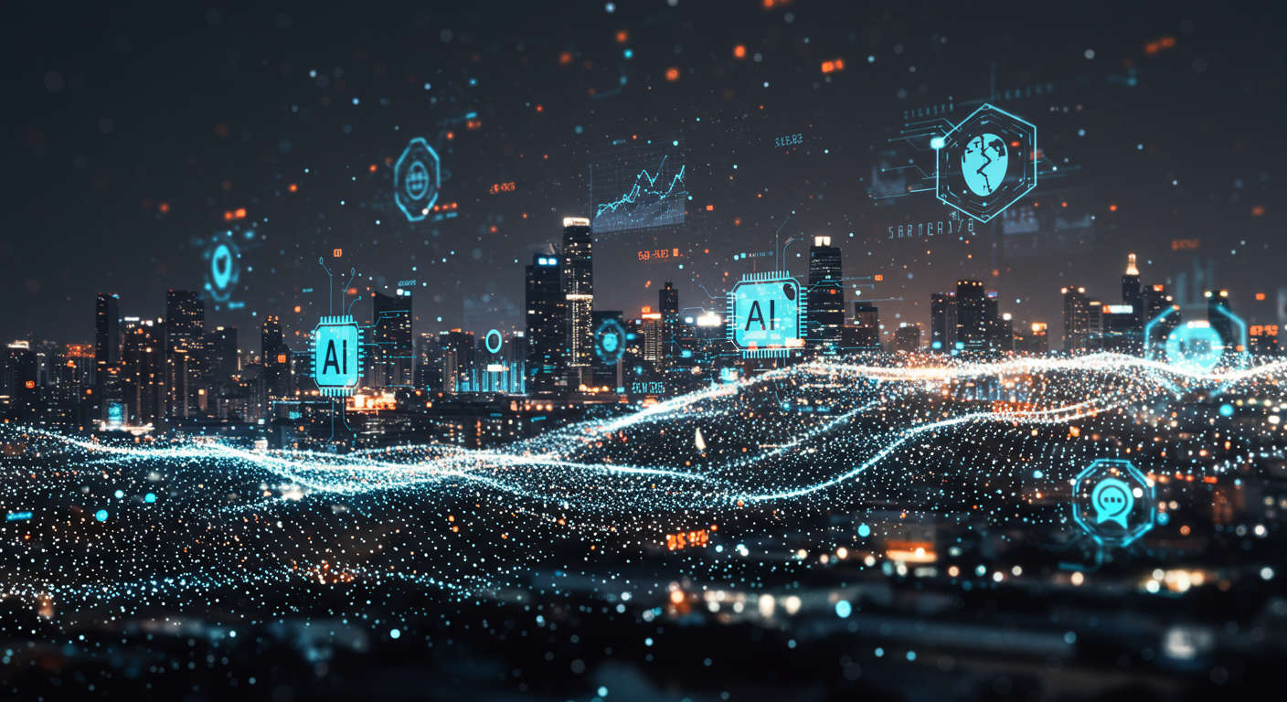 A futuristic digital landscape symbolising artificial intelligence and fintech integration, featuring abstract data flows, AI neural networks, and technology elements against a modern cityscape background.