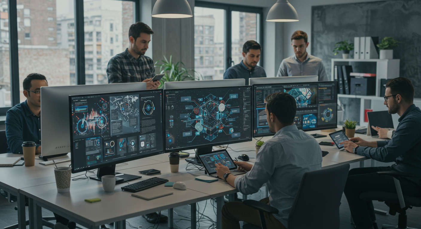 Modern creative agency office with diverse professionals collaborating around digital devices and screens displaying innovative technology concepts representing fractional CTO leadership and digital innovation