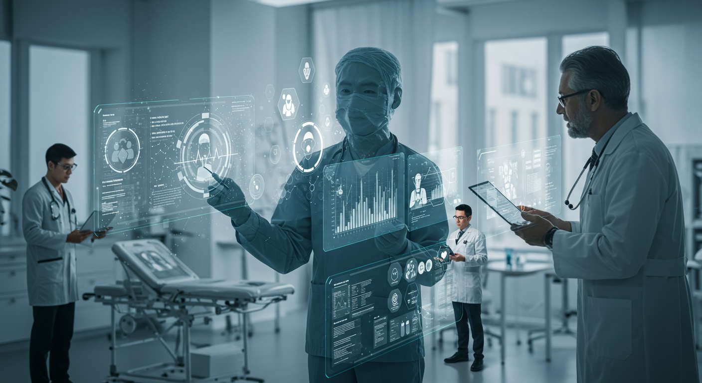 Futuristic healthcare technology scene with AI agents interacting with medical data and digital health interfaces, symbolising innovation in healthtech and fractional CTO leadership.