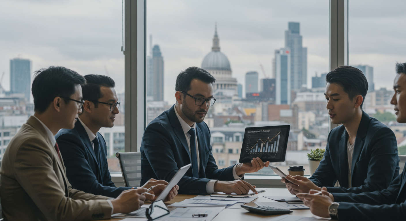 A professional UK startup office scene showing diverse business people discussing technology strategy, with a digital tablet displaying charts and a London cityscape visible through the window, representing fractional CTO roles, cost optimisation, and equity arrangements