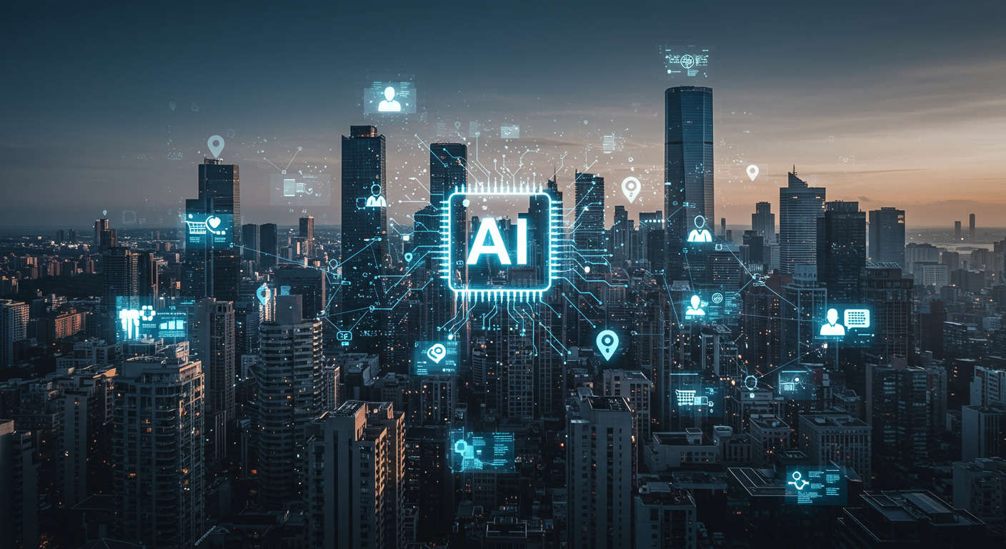 Futuristic digital cityscape with glowing neural network connections and modern skyscrapers symbolising AI breakthroughs and innovation across industries including healthtech and e-commerce