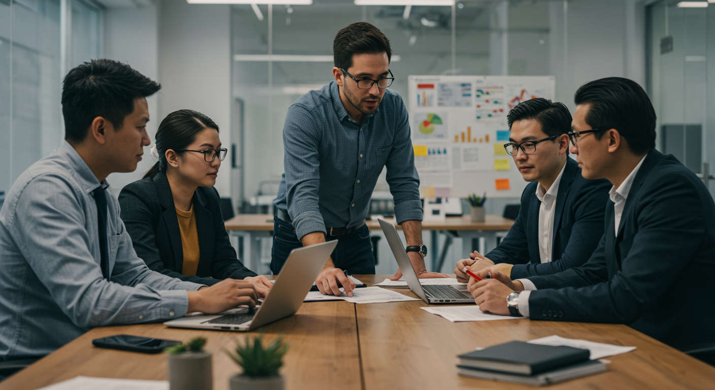 Diverse fintech startup founders collaborating with a fractional CTO in a modern UK office environment, emphasising technology and leadership