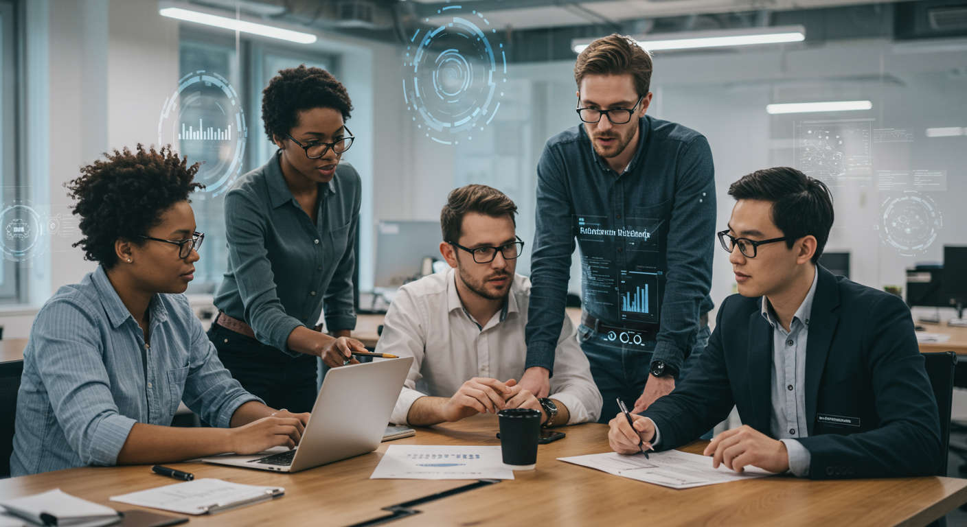 UK startup founders collaborating with a fractional CTO in a modern office, surrounded by laptops and digital strategy charts in a professional setting