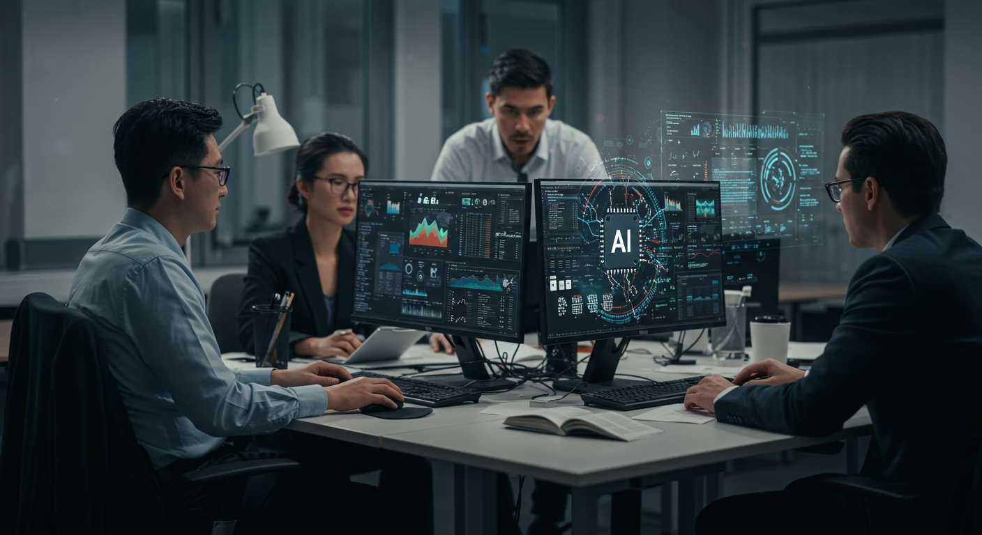 A modern fintech workspace with diverse professionals collaborating over AI technology, showing computer screens with data and futuristic digital interfaces symbolizing AI compliance and governance in a UK financial environment. The scene conveys innovation, technology, and regulatory readiness in finance.