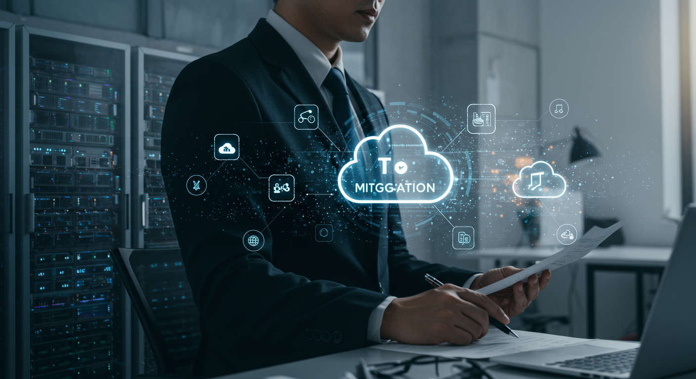 A professional business setting showing a fractional CTO overseeing cloud migration with digital cloud icons, servers, and AI technology elements in the background, symbolising strategic leadership and technology integration in a modern office environment