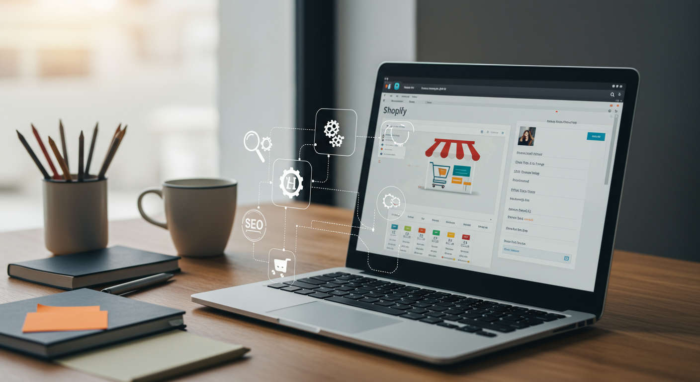 Modern ecommerce workspace with laptop displaying Shopify dashboard surrounded by AI and SEO icons representing AI-driven SEO automation for online stores