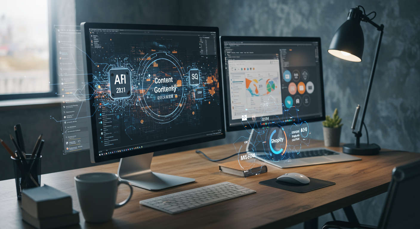 A modern digital workspace showcasing AI integration with content scheduling on screens, representing WordPress and Shopify platforms for smart SEO automation and seamless publishing