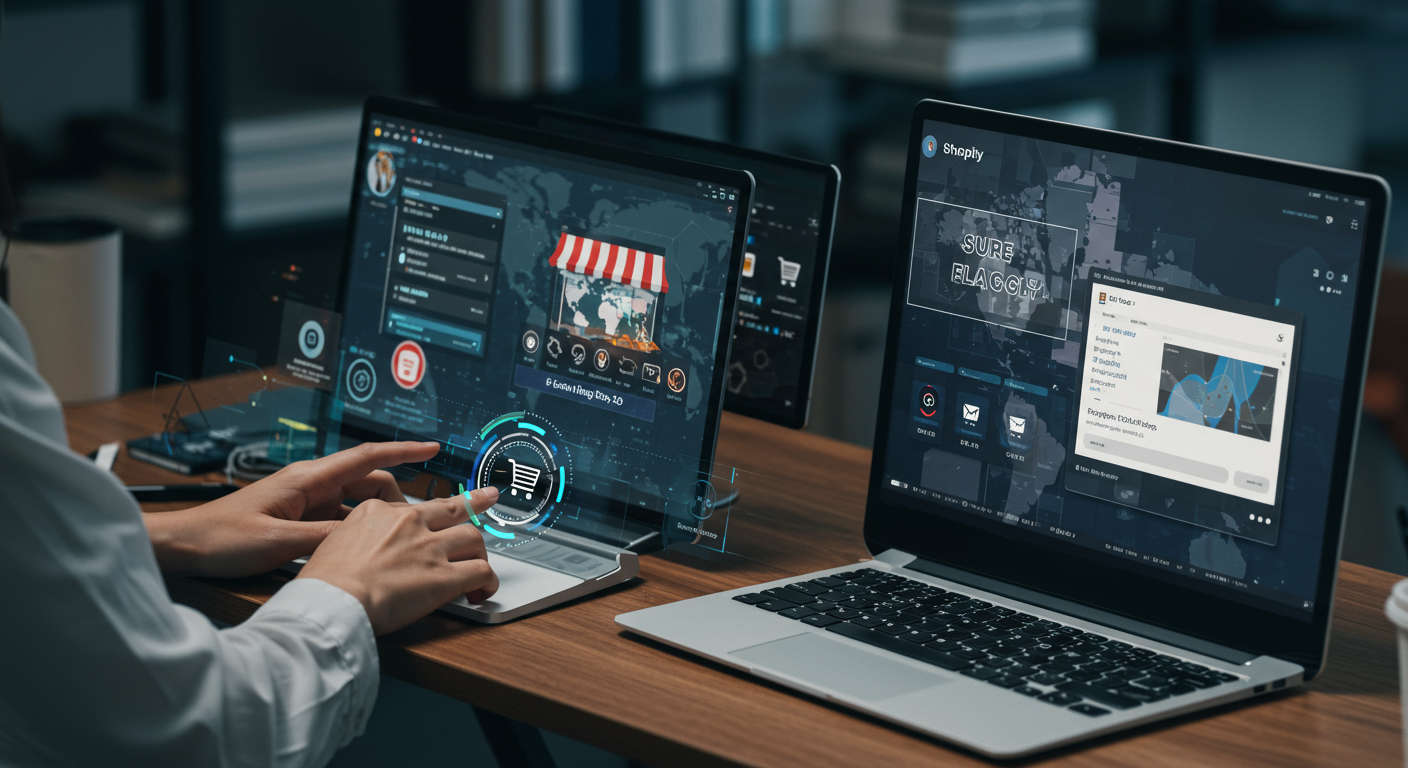 Modern e-commerce digital marketing concept illustrating AI automation enhancing image SEO with alt text, resizing, metadata tagging on WordPress and Shopify platforms displayed on futuristic digital screens