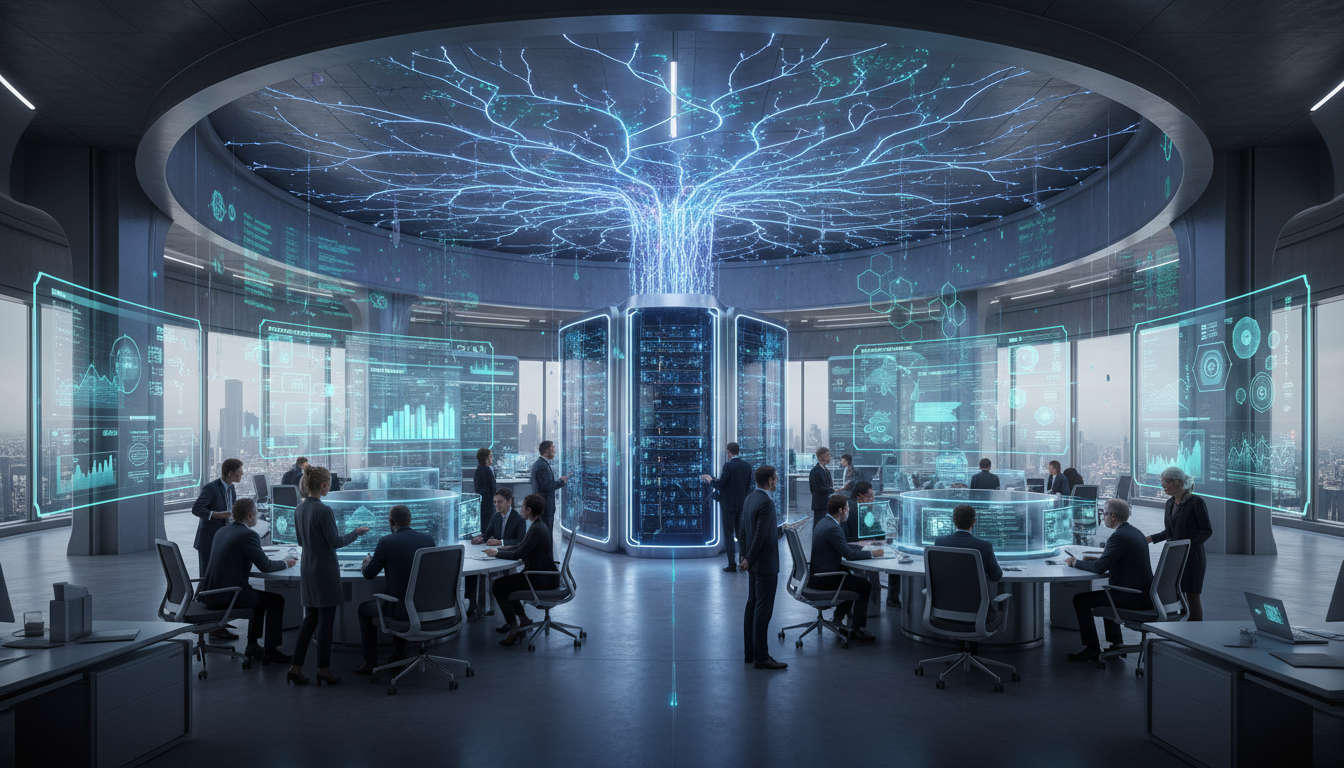 Futuristic enterprise office with diverse CTOs collaborating amidst digital neural networks and data overlays symbolising production-ready AI integration and scalable infrastructure.