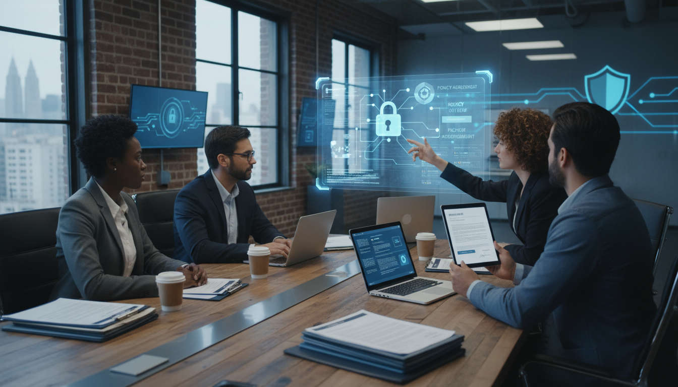 Diverse UK startup founders and a fractional CTO in a modern office discussing technology and insurance documents with digital security and contract themes