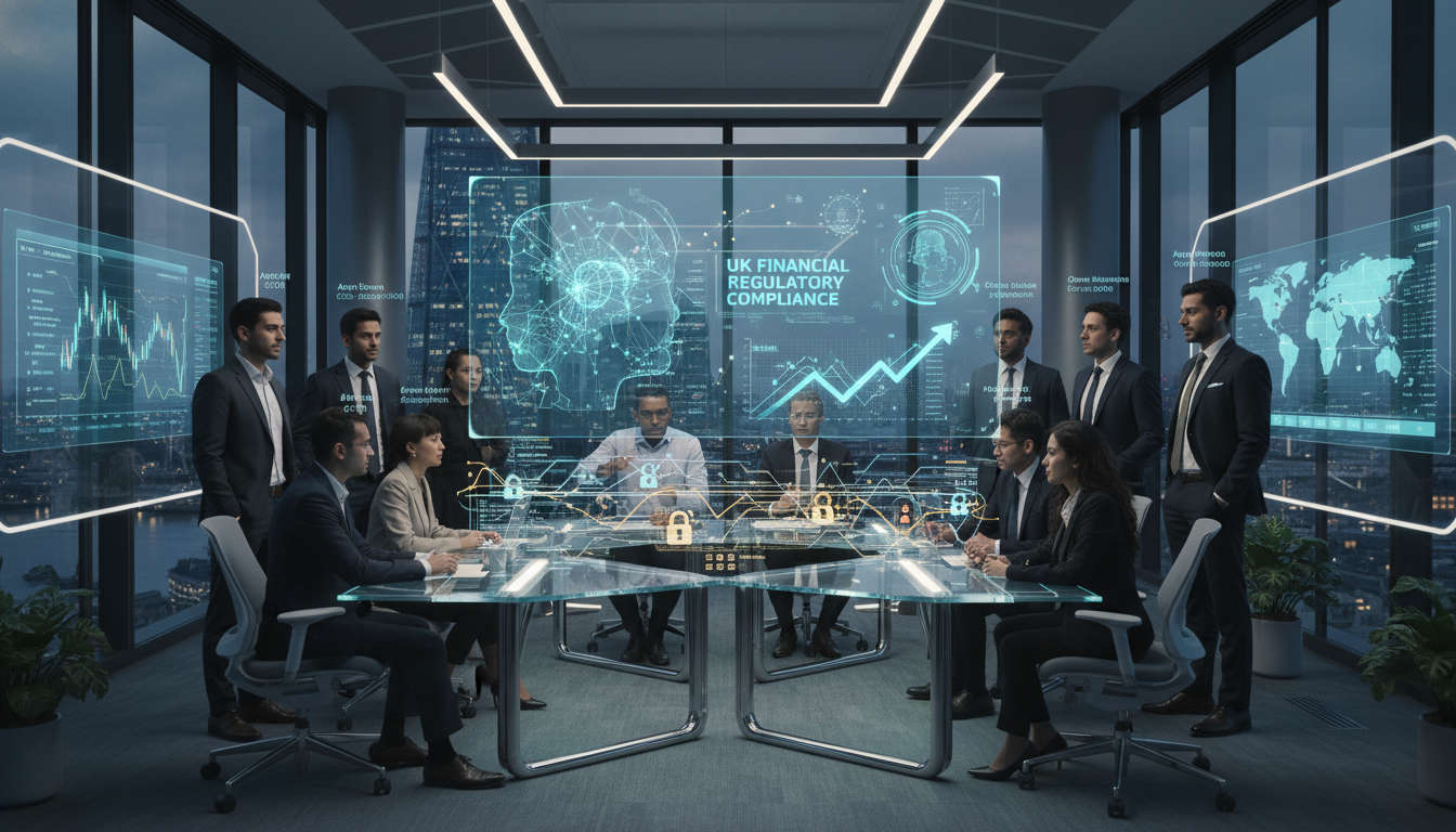 Diverse CTOs and founders collaborating on AI and fintech technology in a futuristic office with digital AI model visuals and data security elements, symbolising UK fintech innovation and regulation.
