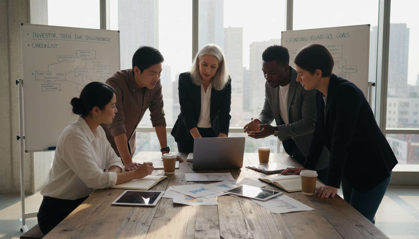 A diverse group of startup founders and a fractional CTO collaborating on technology strategy in a modern office, preparing for investor technical due diligence.
