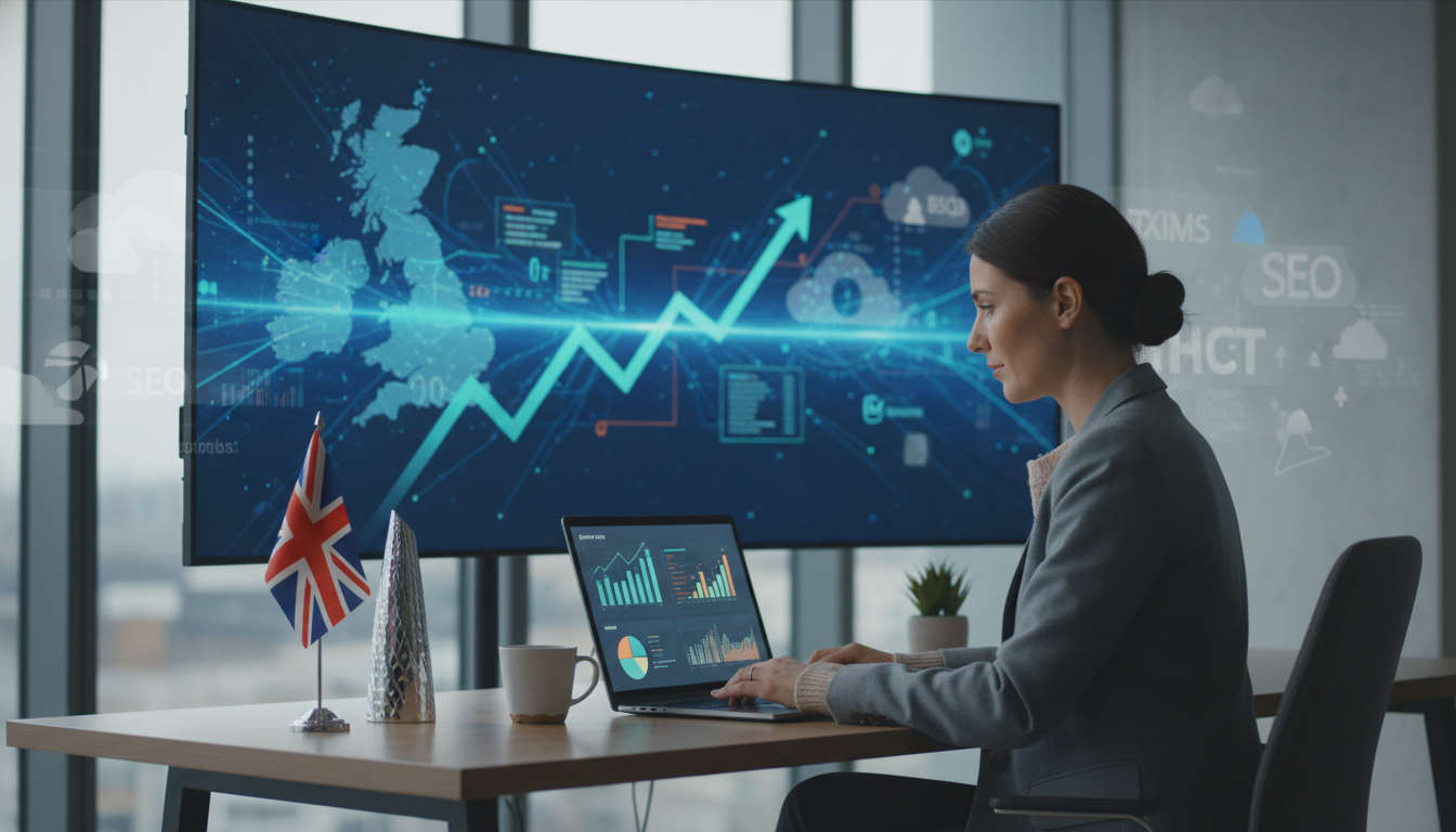 A UK small business owner working on a laptop with SEO analytics graphics in the background, symbolising digital growth and local competition.