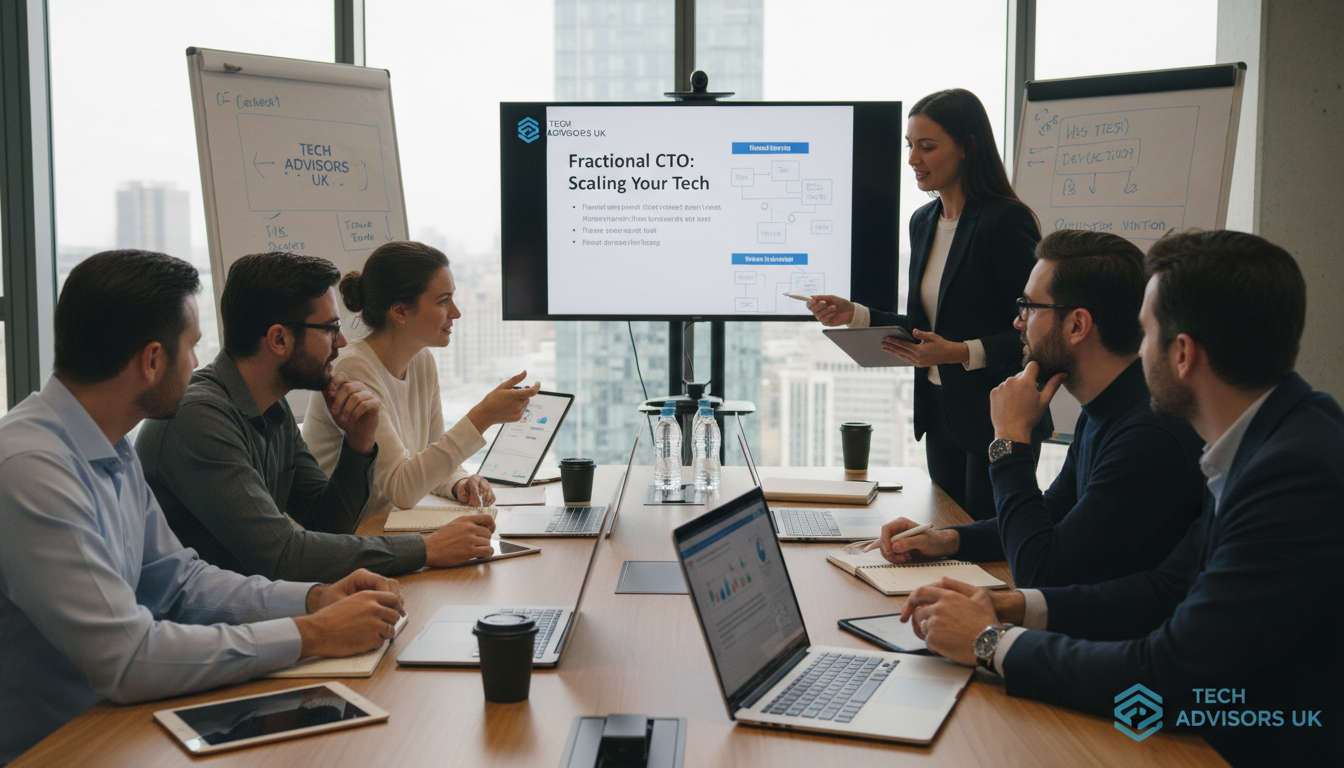 Diverse UK startup founders and fractional CTOs collaborating in a modern office setting with laptops and digital charts, symbolising tech leadership and innovation.