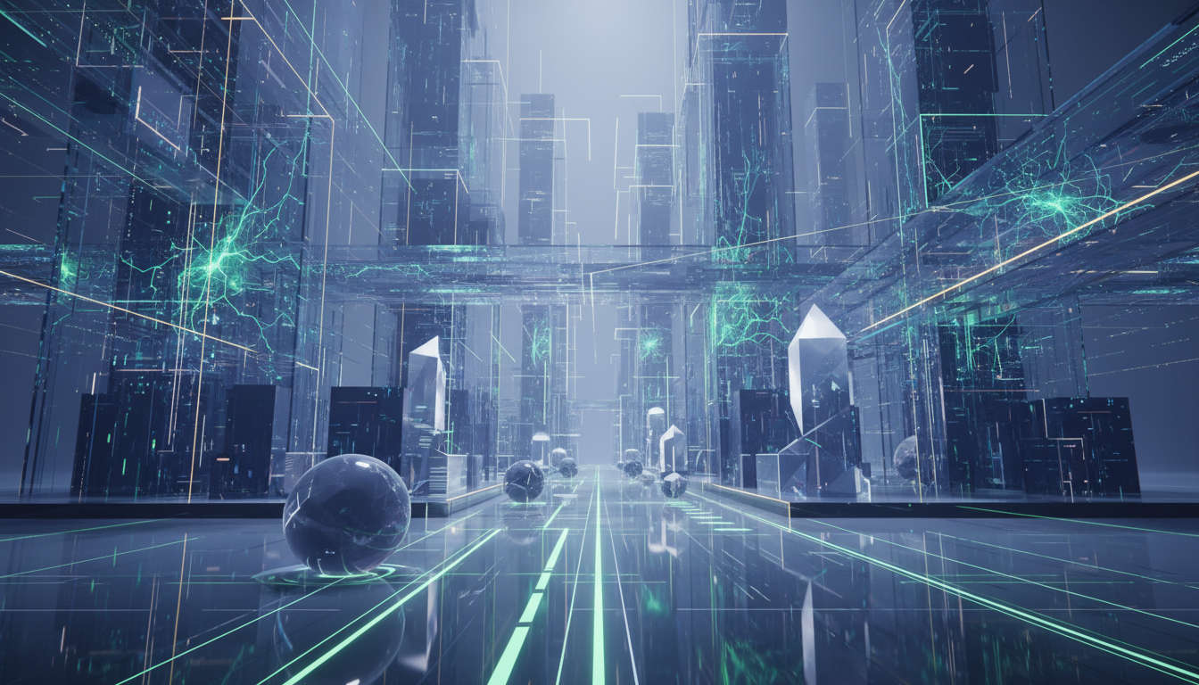 Futuristic digital landscape illustrating artificial intelligence, autonomous systems, and enterprise technology innovation with data flow and neural network elements in a sleek modern style